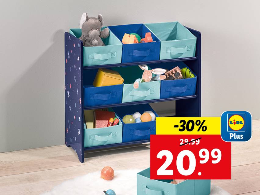 Lidl speelgoedopbergrek met blauwe en turquoise bakken, ruimtevaartthema.