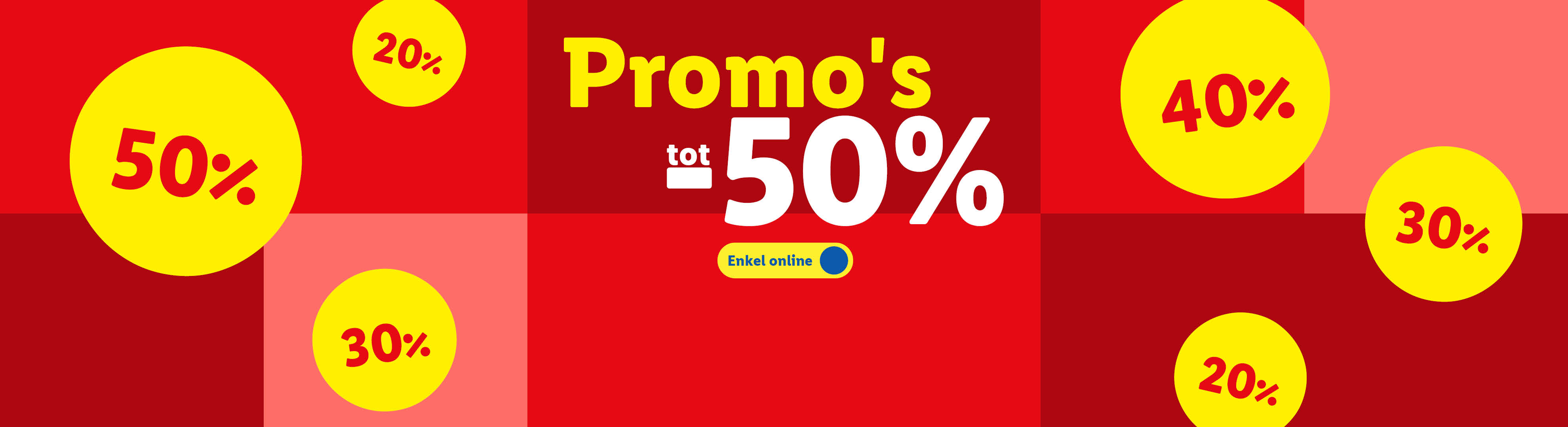 Promoties tot 50% korting, met 20%, 30%, 40% en 50% aanbiedingen.