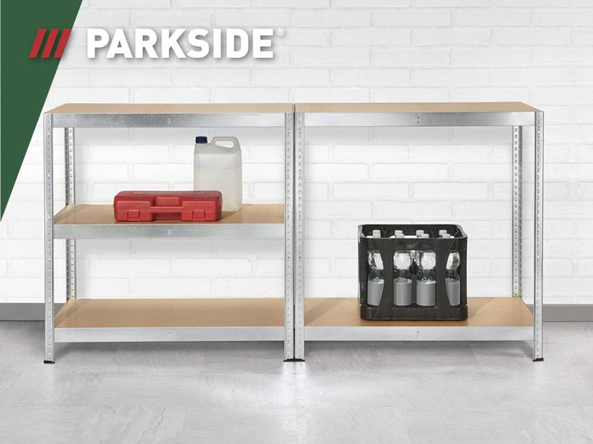 Parkside opbergrekken met jerrycan, gereedschapskist en flessenkrat.
