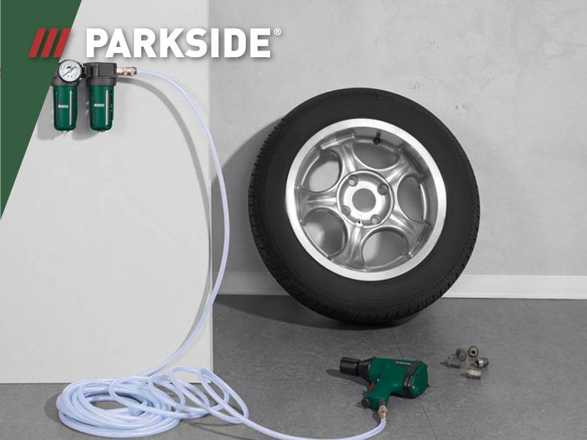 Parkside luchtgereedschap met band en luchtcompressoraccessoires.