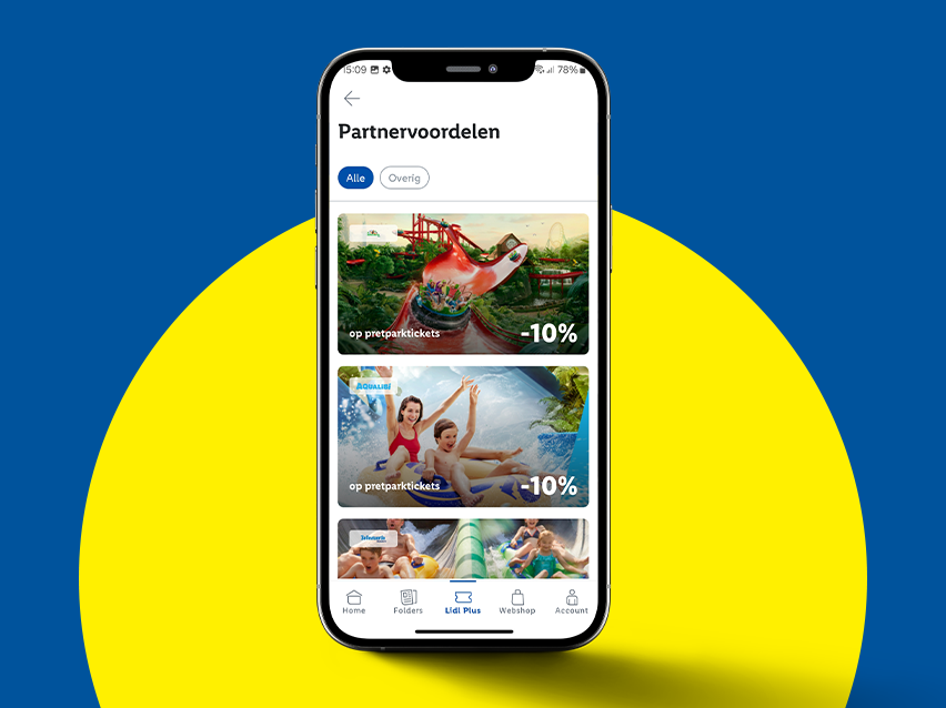 Lidl Plus app toont partneraanbiedingen voor pretparktickets met 10% korting, inclusief Aqualibi.