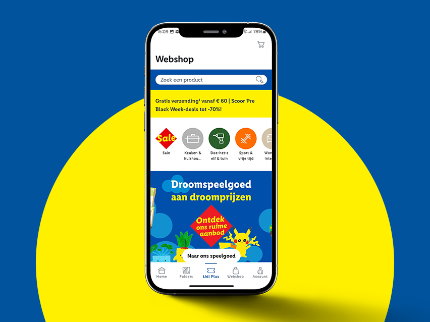 Lidl app met webshop, speelgoed, Black Week-deals en productcategorieën.