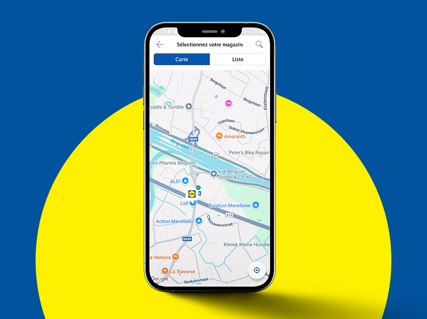 Carte montrant les magasins Lidl, Aldi et Action.