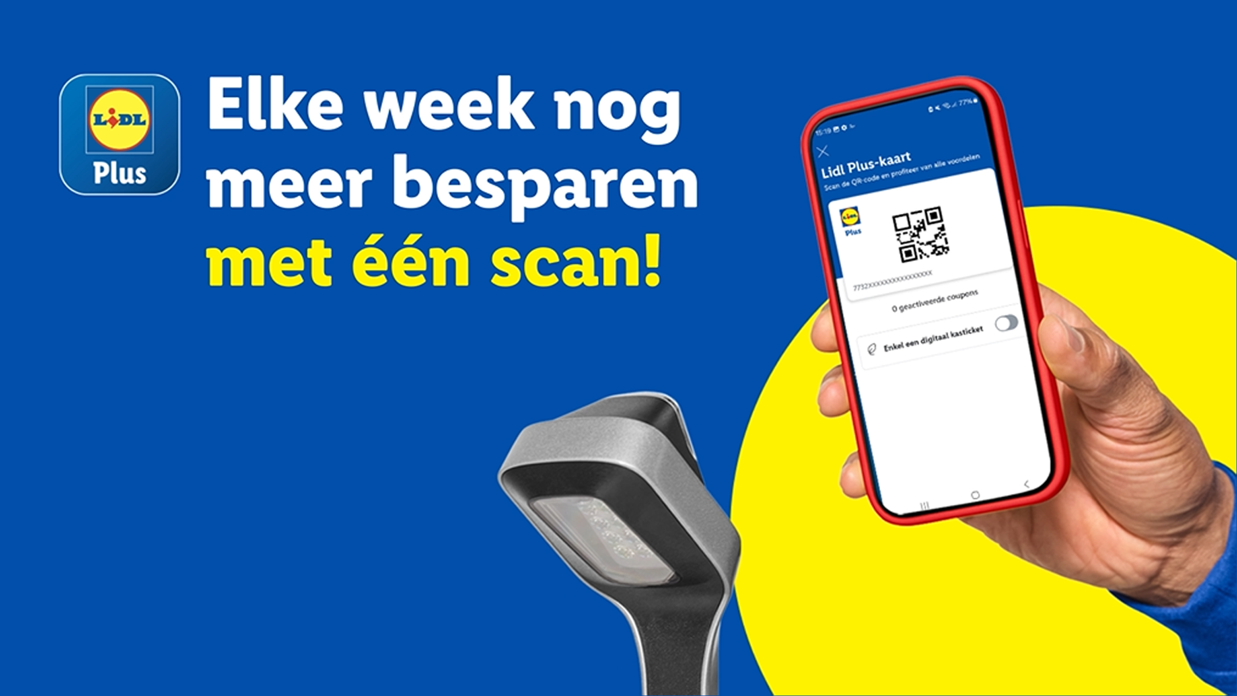Lidl Plus app met QR-code voor wekelijkse besparingen, naast een scanner.