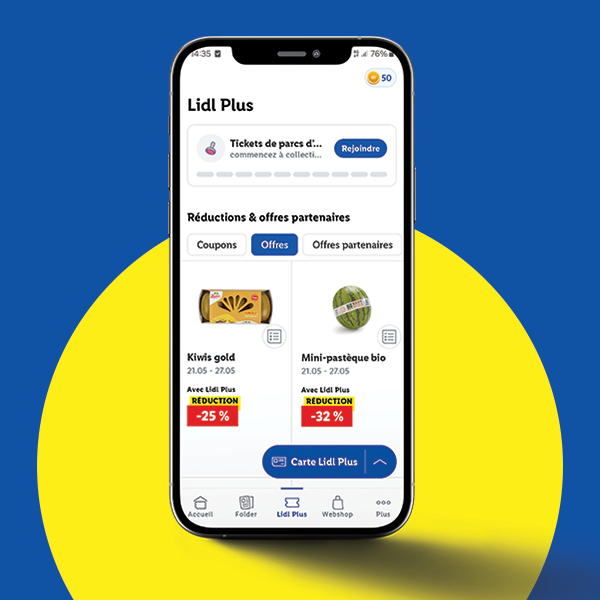 L'application Lidl Plus présente des offres sur des kiwis et des pastèques bio.