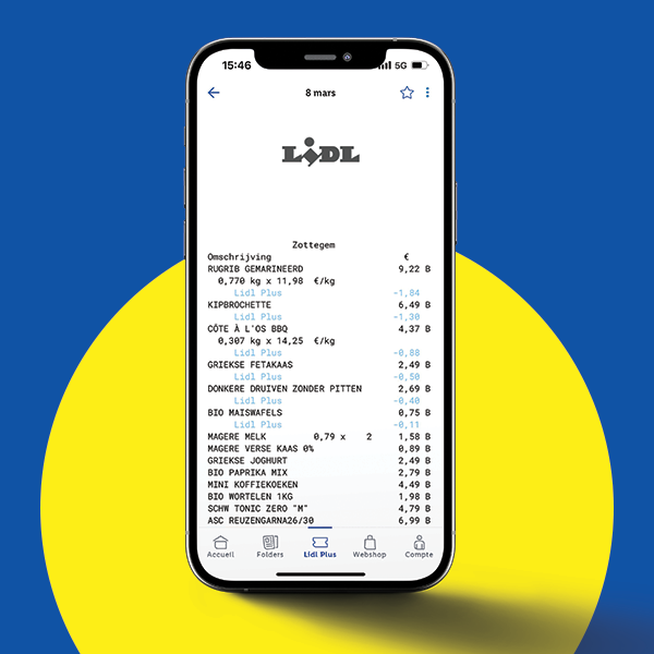 Application Lidl Plus affichant un ticket de caisse numérique avec des courses comme de la viande, des fruits et des produits laitiers.