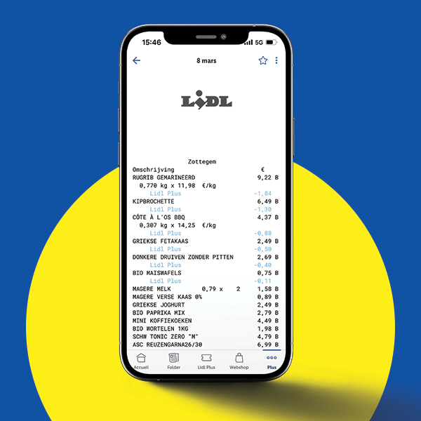Application Lidl affichant les prix de produits tels que côtes levées marinées, brochettes de poulet et feta.