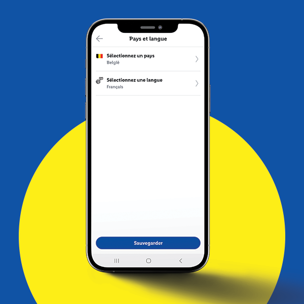 Un smartphone affichant un écran d'application pour sélectionner le pays (Belgique) et la langue (French).