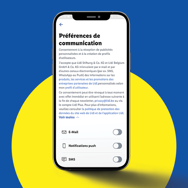 Préférences de communication Lidl : e-mail, notifications push, SMS.