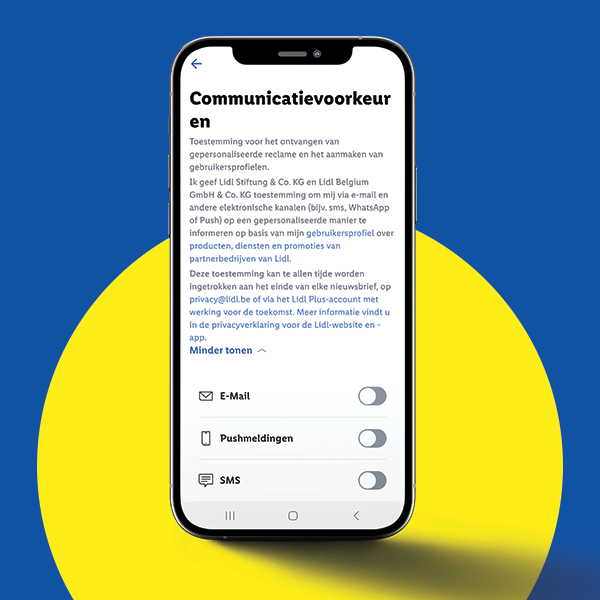 Een smartphone met de Lidl Plus-app open, waarin communicatievoorkeuren worden ingesteld.