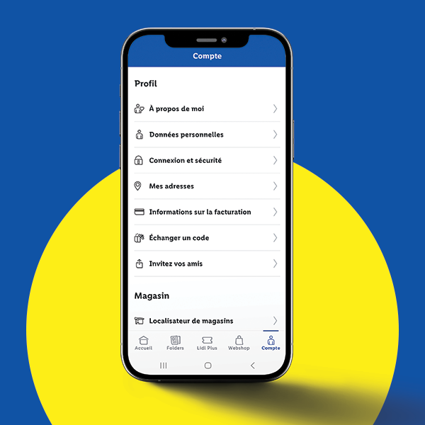 Application Lidl affichant les paramètres du compte : profil, données personnelles et adresses.