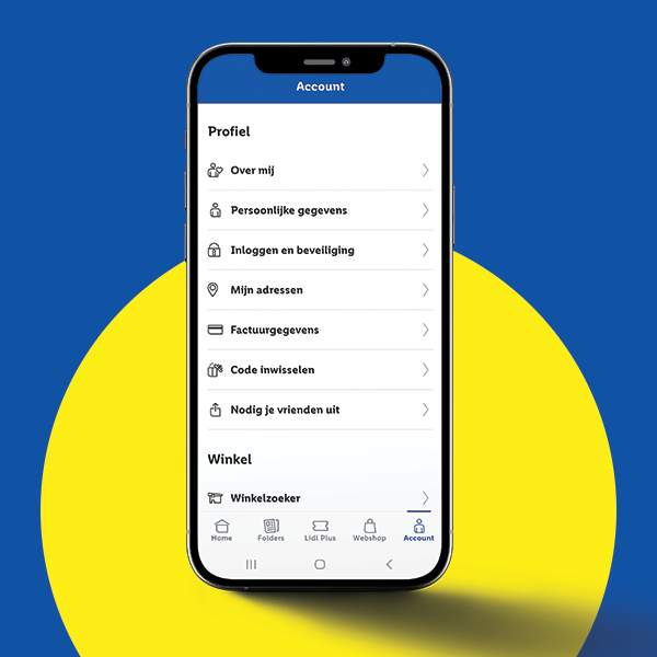 Lidl app met accountinstellingen zoals persoonlijke gegevens en adressen.