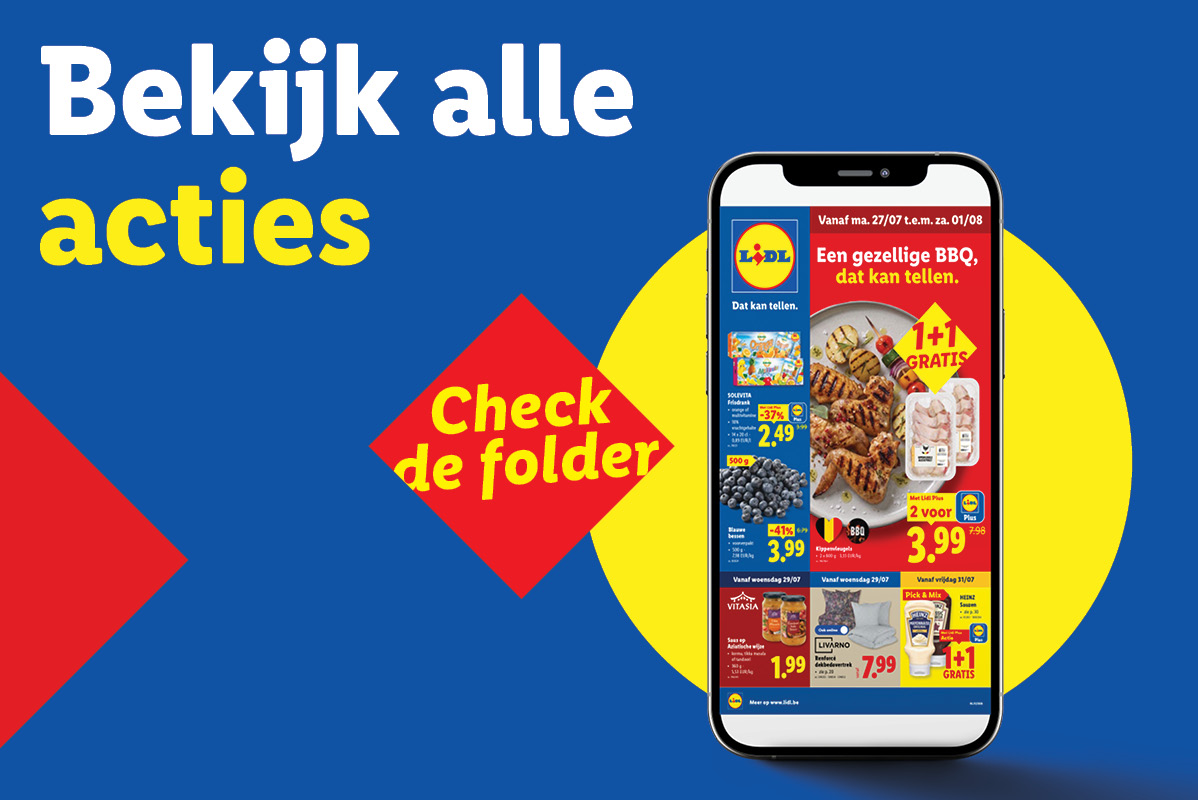Lidl advertentie voor acties, met een smartphone die barbecue- en fruitaanbiedingen toont.
