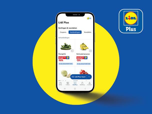 Mobiele app toont courgettes en bananen in de aanbieding, met kortingen van 60% en 25%.