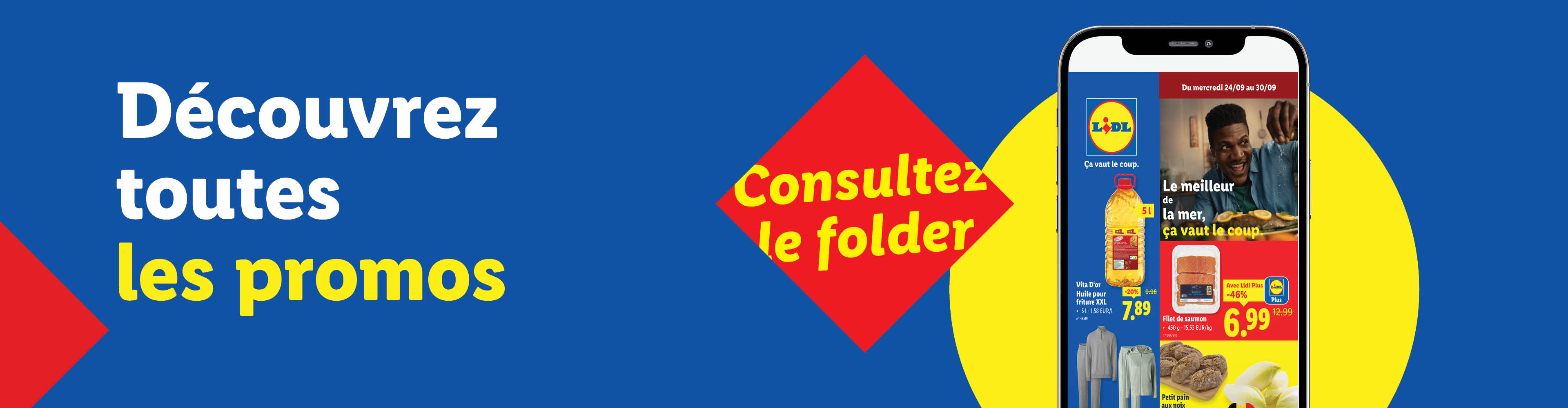 Publicité Lidl avec un smartphone affichant des promotions sur l'huile, le saumon et des vêtements.
