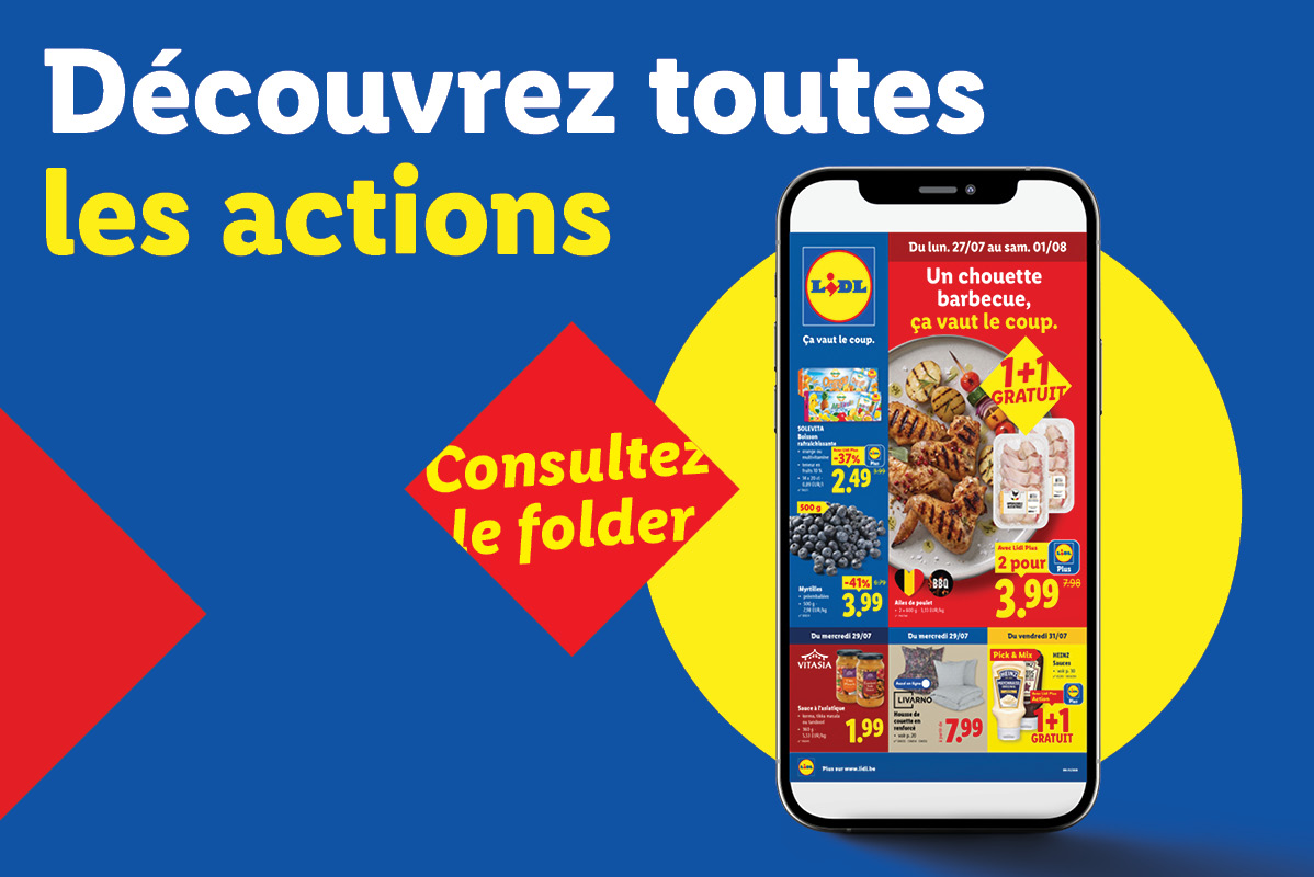 Publicité Lidl pour des promotions sur les produits de barbecue, avec un dépliant numérique affichant des viandes grillées, des myrtilles et des sauces.