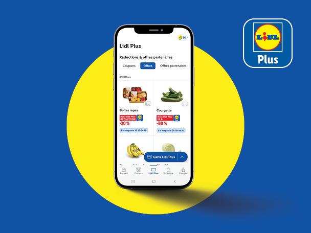 Application mobile affichant des offres sur des boîtes repas, des courgettes et des bananes.