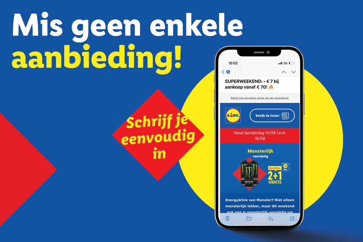Lidl-advertentie voor aanbiedingen, met een smartphone die een korting van €7 en een 2+1 gratis aanbieding op Monster energiedrank toont.