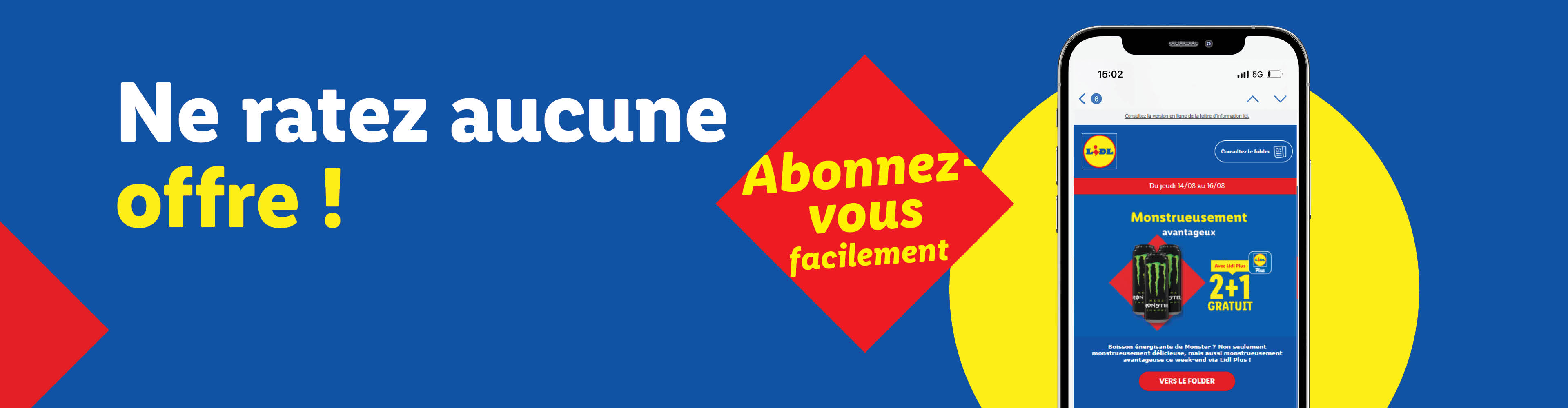 Publicité Lidl pour des offres, avec un téléphone affichant des réductions sur des boissons Monster.