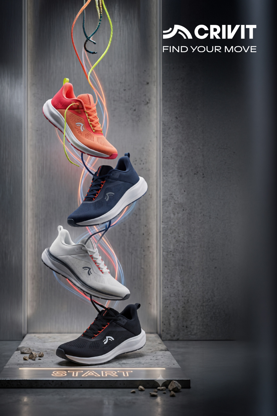 Vier sportieve hardloopschoenen in verschillende kleuren, zwevend boven een 'START' platform.