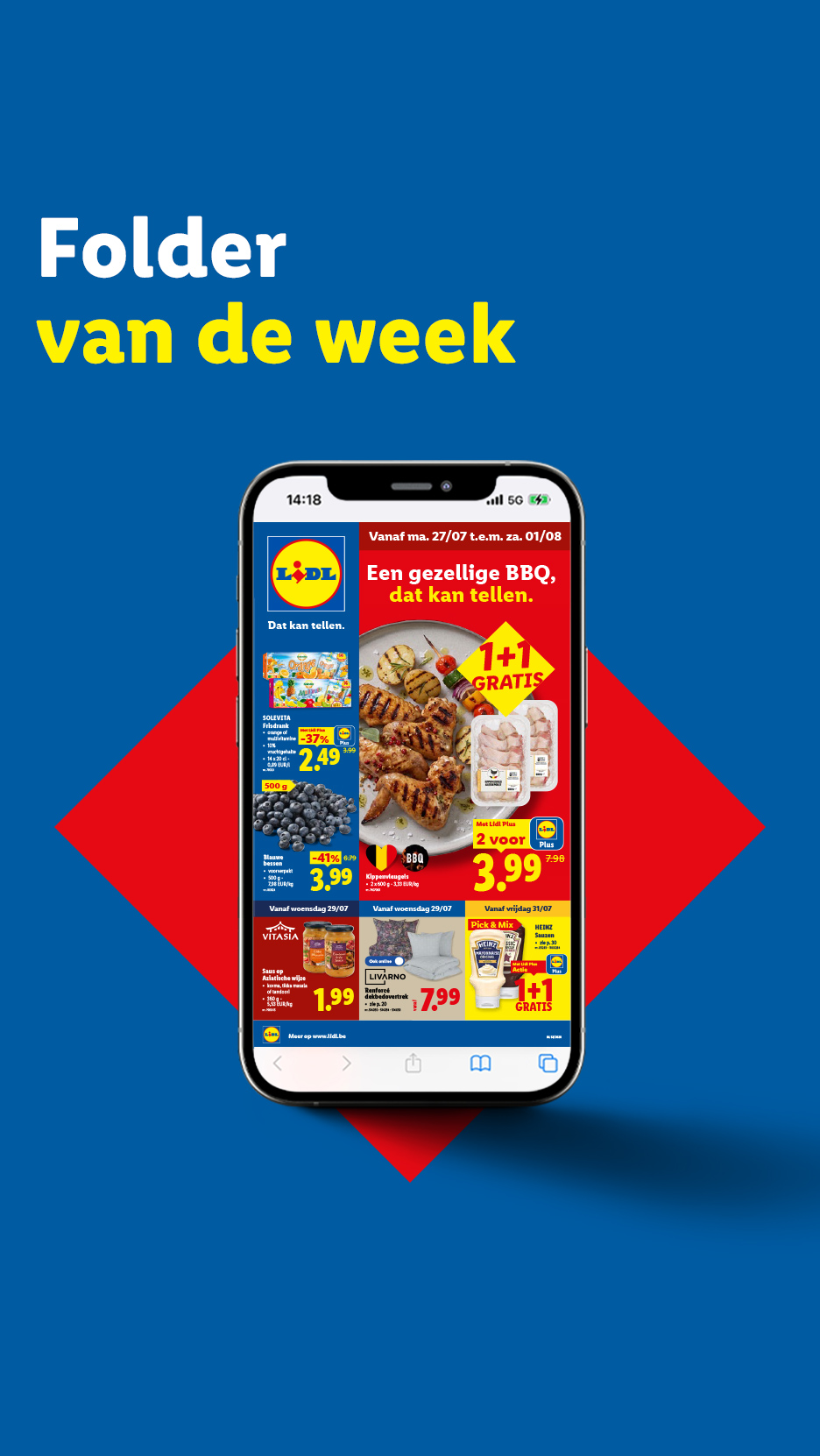 Lidl folder van de week met aanbiedingen voor BBQ-producten, frisdrank, blauwe bessen en meer.