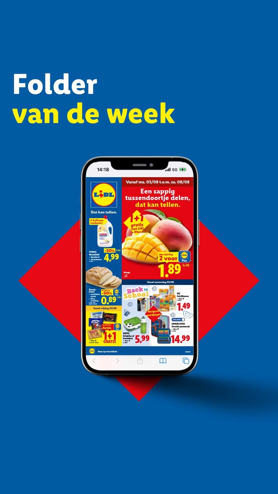 Lidl weekfolder met aanbiedingen voor mango's, brood, wasmiddel en schoolbenodigdheden.