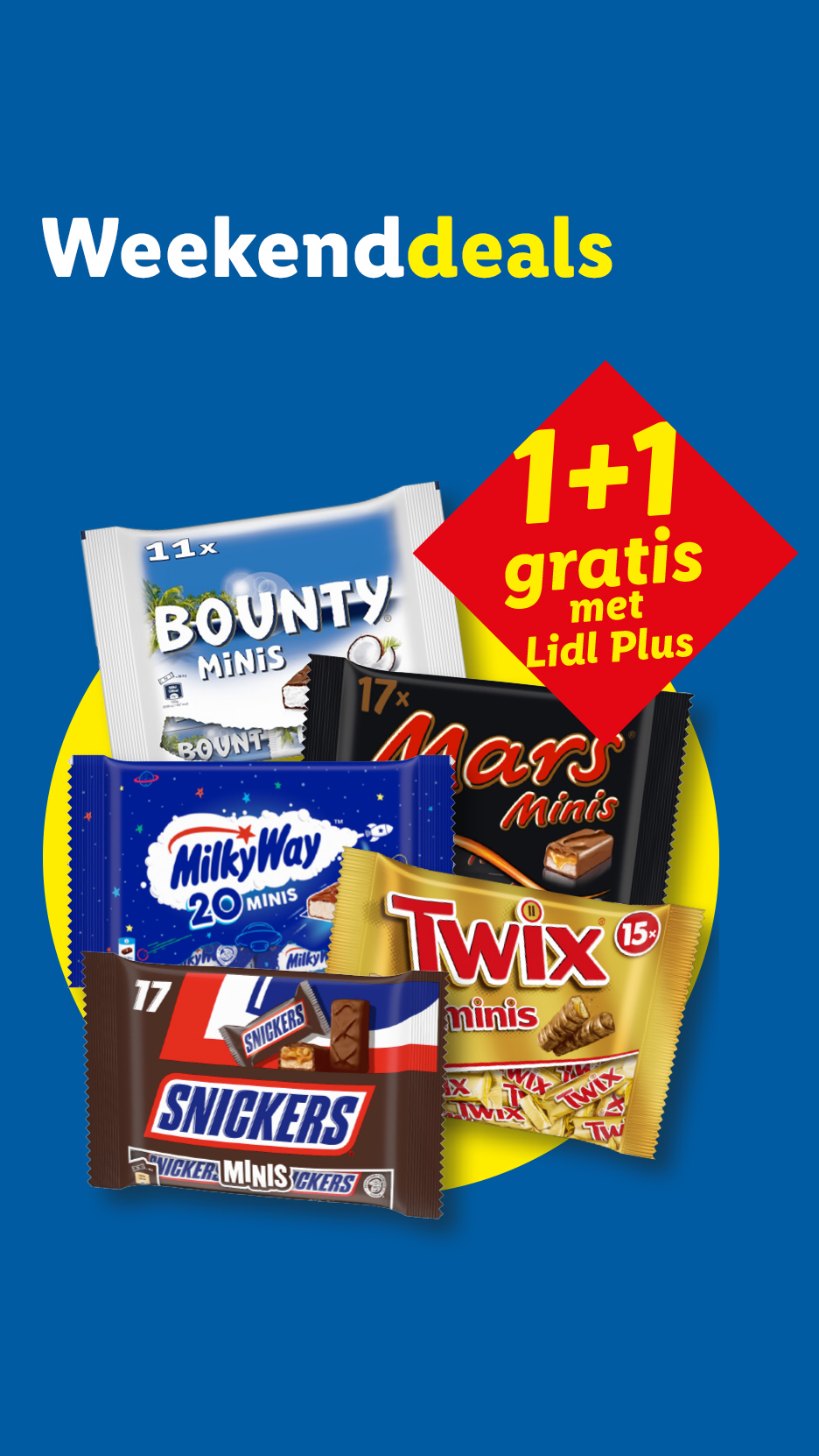 Weekenddeals: 1+1 gratis op diverse chocoladerepen, waaronder Bounty, Milky Way, Mars, Twix en Snickers.