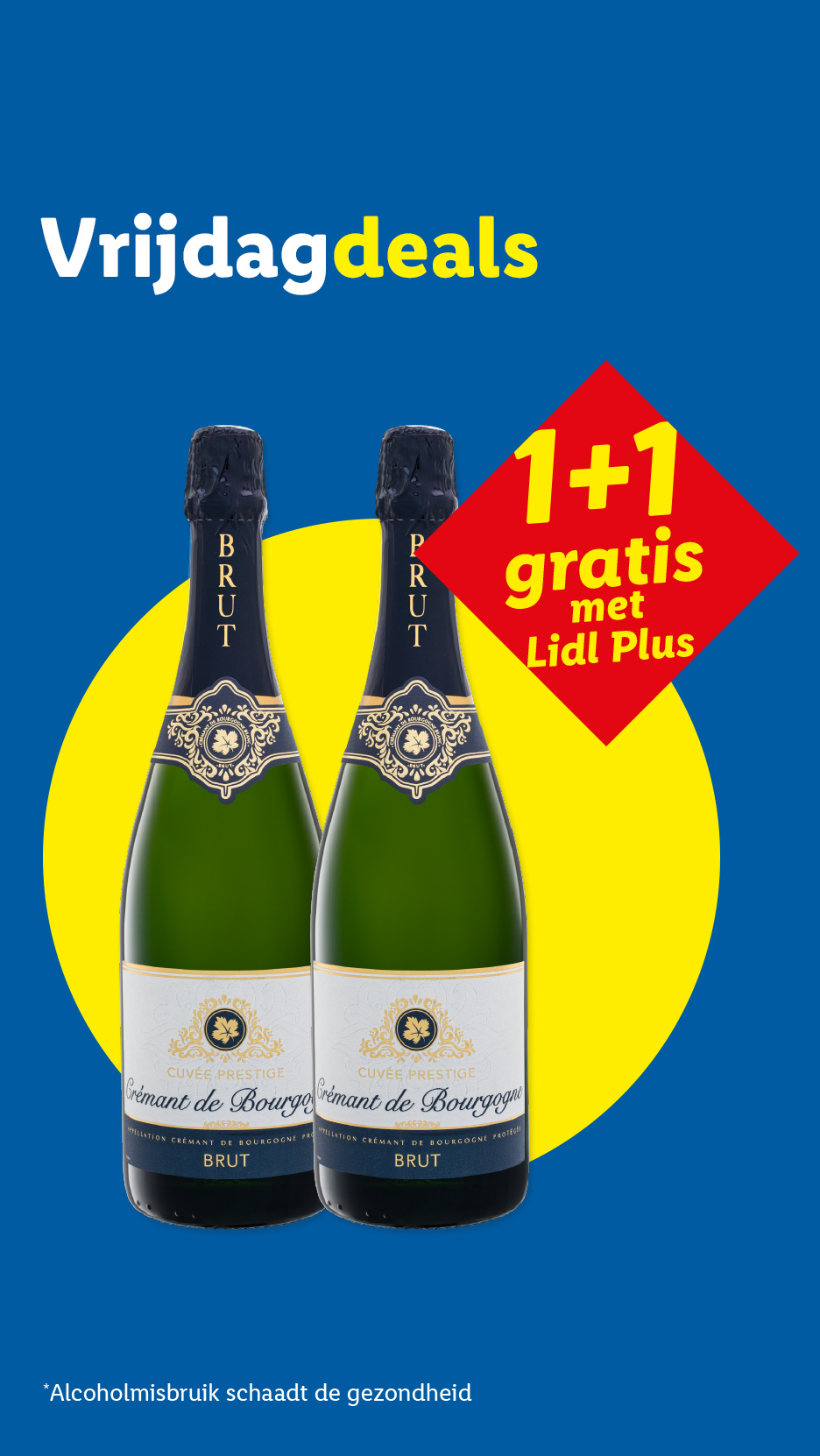 Twee flessen Crémant de Bourgogne brut met een 1+1 gratis aanbieding via Lidl Plus.
