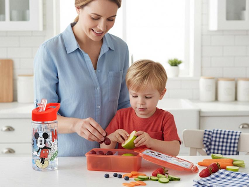 Moeder en kind vullen een lunchbox met fruit en groenten, met een waterfles ernaast.