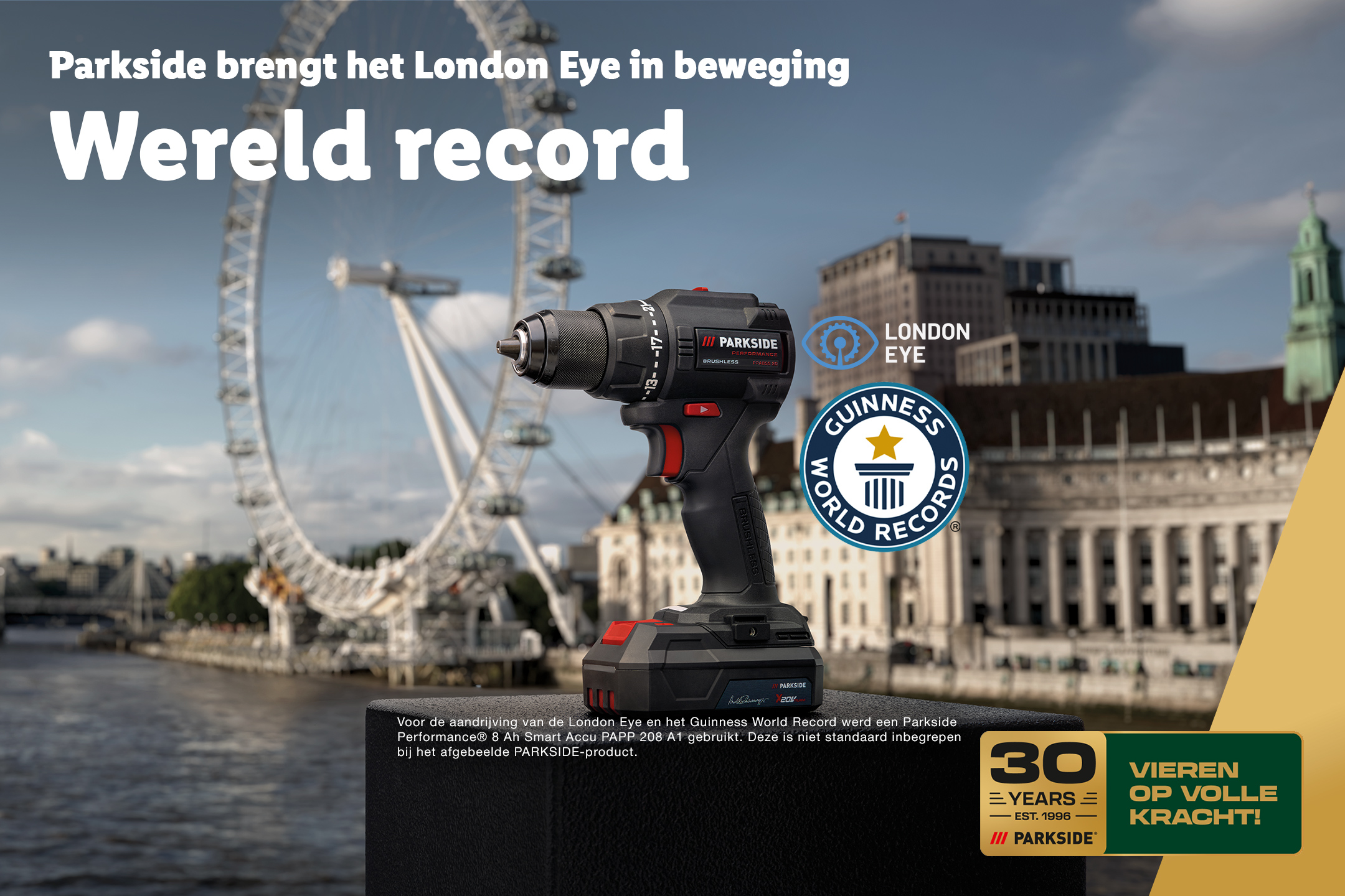Accuboormachine voor de London Eye, viert een wereldrecord.