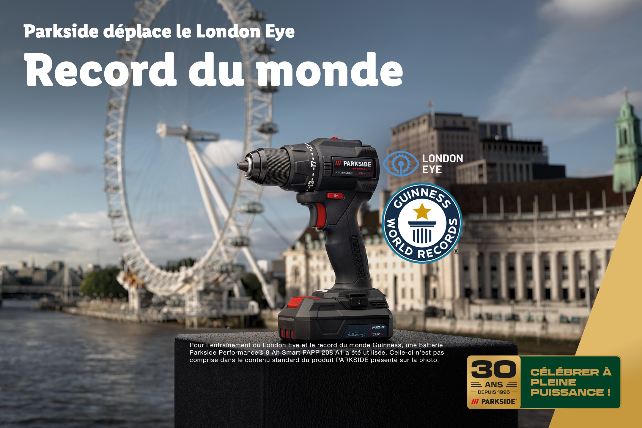Une perceuse-visseuse sans fil devant le London Eye, célébrant un record du monde.