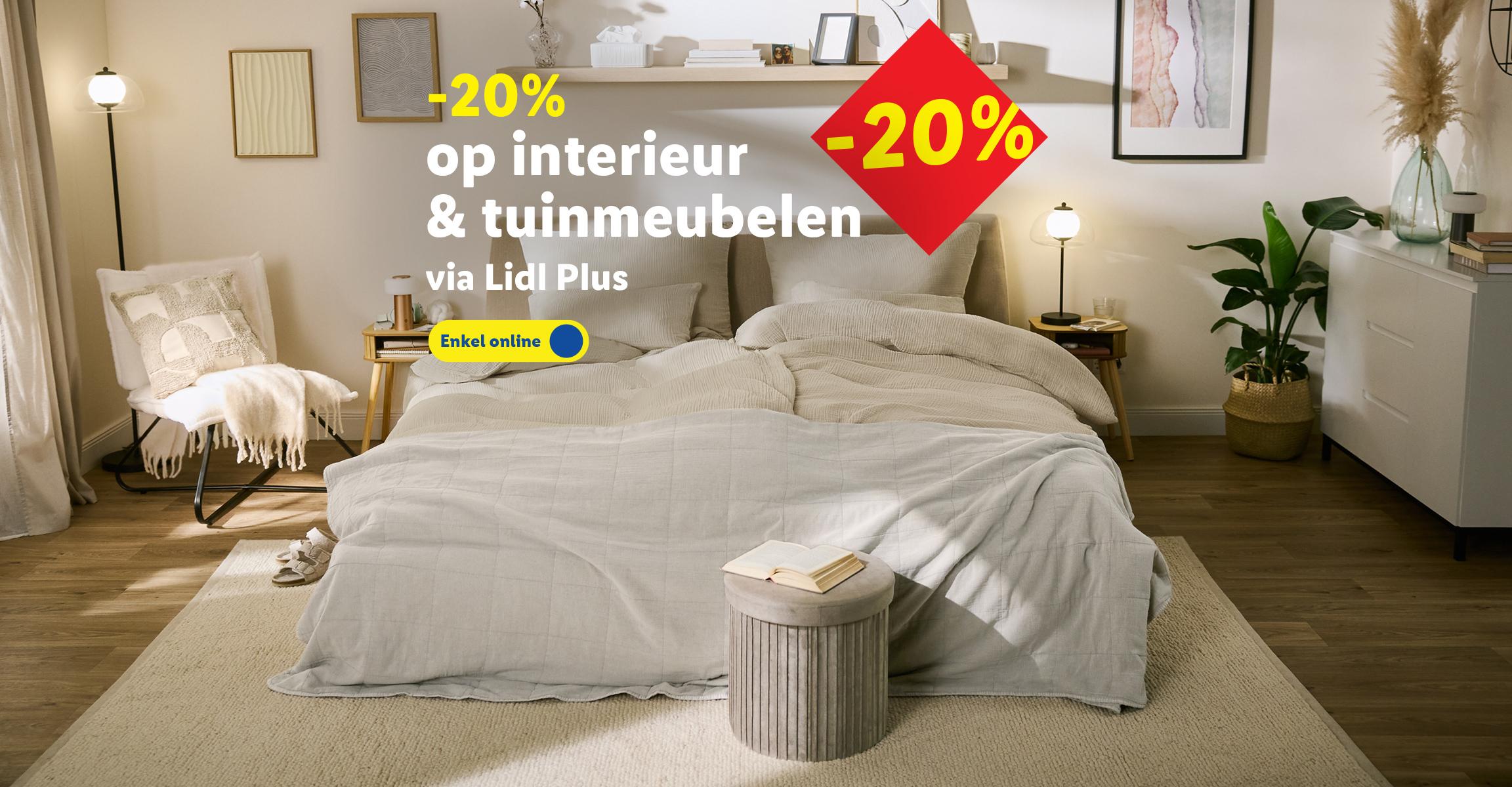 Slaapkamer met bed, nachtkastje en plank, -20% op interieur- en tuinmeubelen.