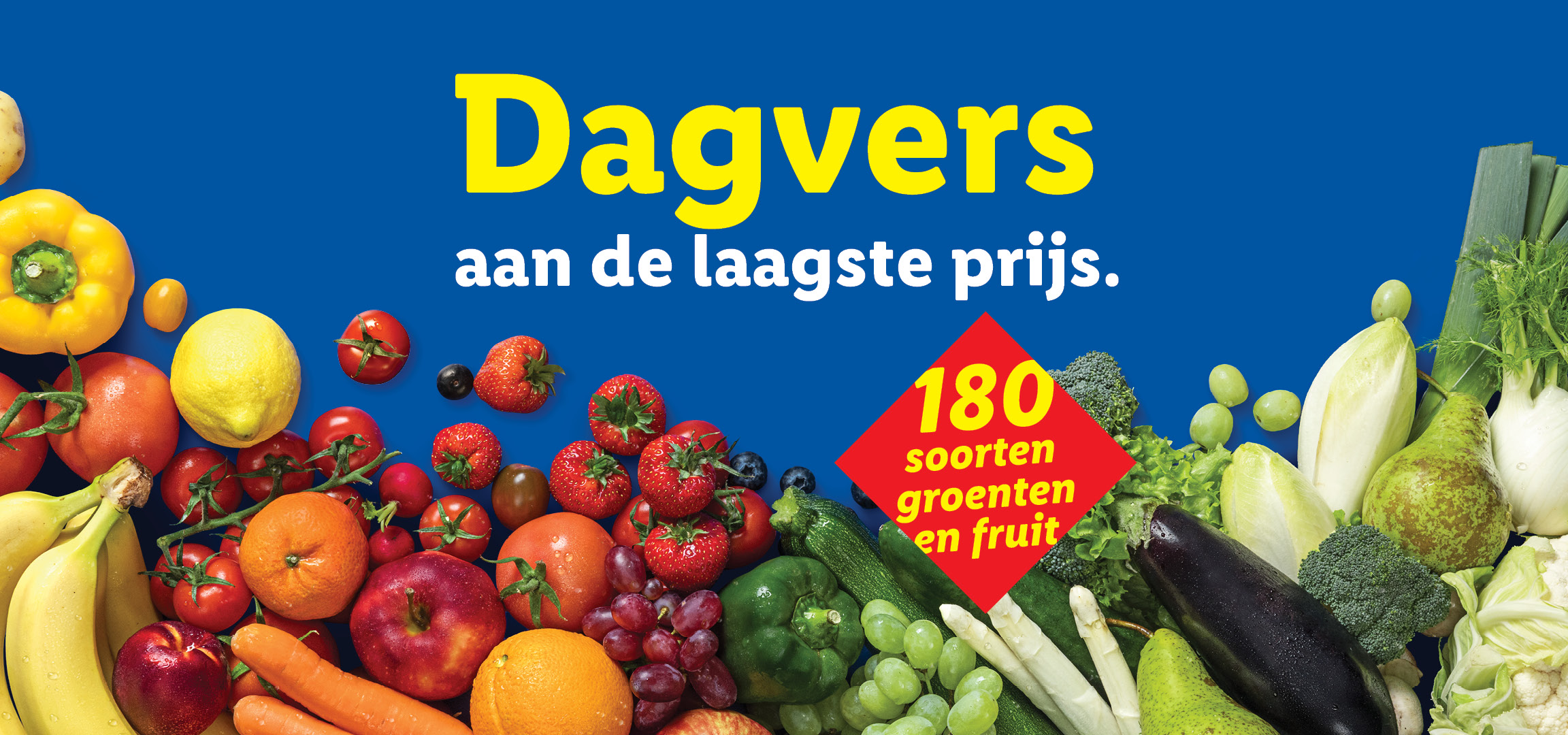 Verse groenten en fruit op een blauwe achtergrond, met de tekst 'Dagvers aan de laagste prijs' en '180 soorten groenten en fruit'.