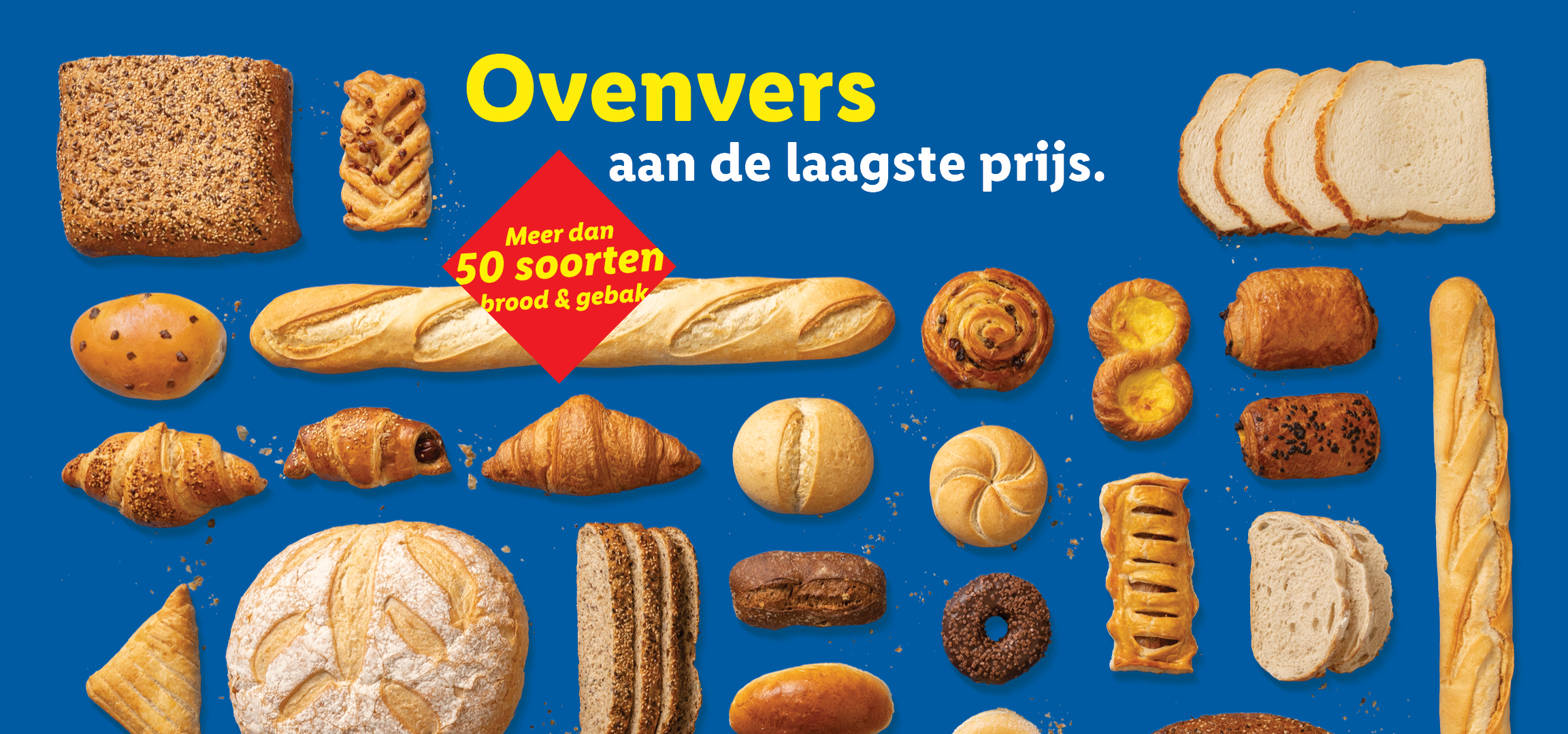 Een assortiment van versgebakken brood en gebak, waaronder croissants, donuts en broodjes.