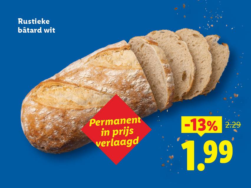 Gesneden rustiek wit brood met een permanente prijsverlaging van 13% naar €1,99.