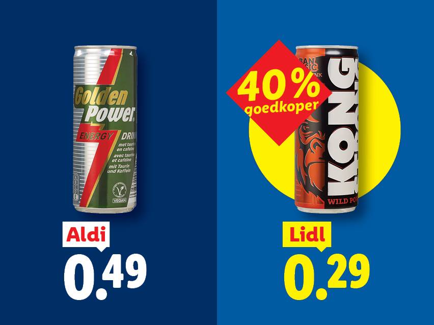Twee energiedrankjes, één met 40% korting, met prijzen van €0,49 en €0,29.