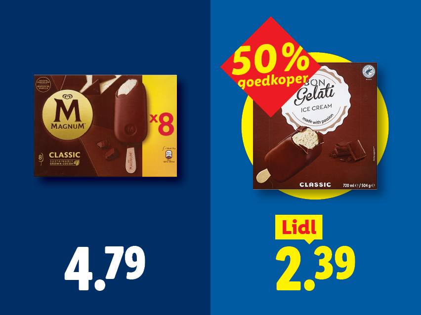 Twee dozen chocolade-ijsjes, één voor 4,79 en de andere voor 2,39 met 50% korting.
