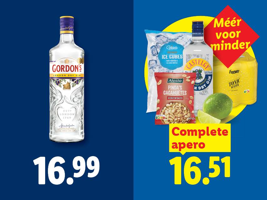 Fles gin en een complete aperitiefset met gin, ijsblokjes, pinda's, tonic en limoen.