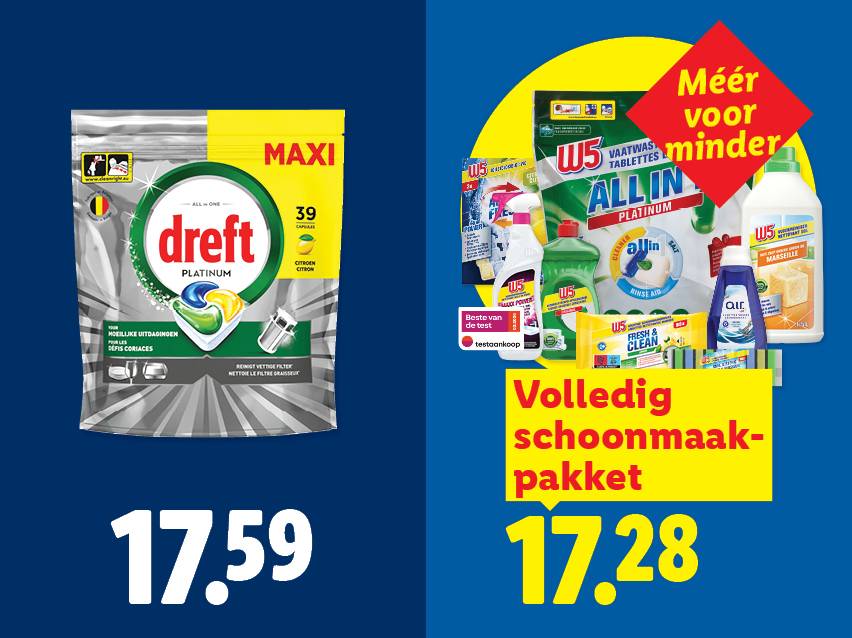 Afbeelding van afwasmiddelcapsules en een pakket met diverse schoonmaakproducten, beide met prijzen.