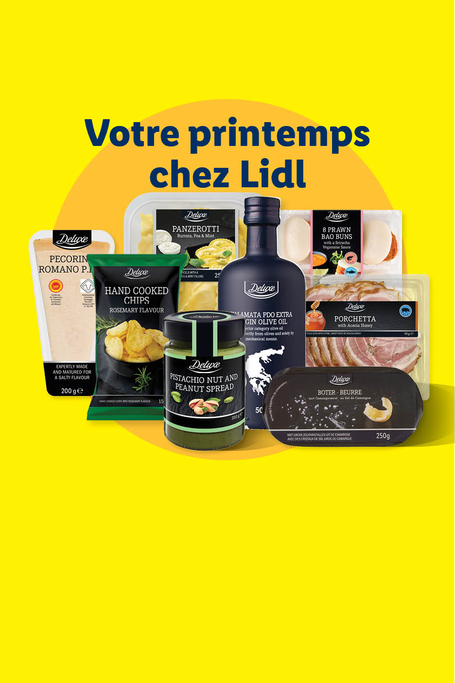 Un assortiment de produits alimentaires de luxe, dont des chips, de l'huile d'olive, des bao buns et du beurre, avec le texte 'Votre printemps chez Lidl'.
