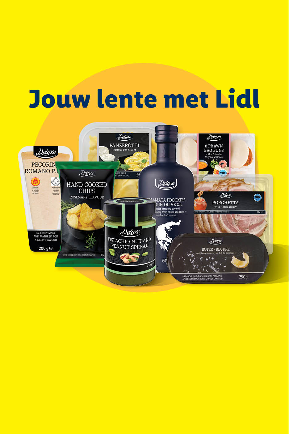 Een assortiment van luxe voedingsproducten, waaronder panzerotti, chips, olijfolie en boter, met de tekst 'Jouw lente met Lidl'.