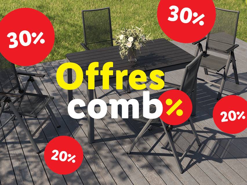 Mobilier de jardin avec offres promotionnelles : 'Offres comb%' et 20-30% de réduction.