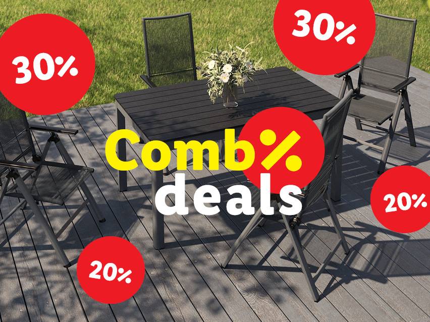 Tuinset met tafel en stoelen op een terras, met rode cirkels die 20% en 30% korting aangeven, en de tekst 'Comb% deals'.