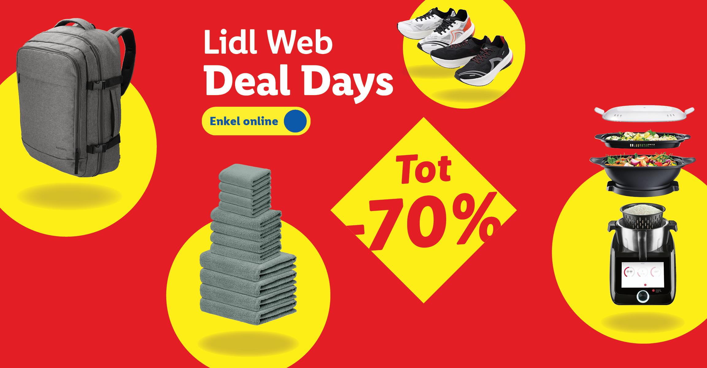 Lidl Web Deal Days banner met kortingen tot 70% op rugzakken, handdoeken, schoenen en keukenapparatuur.