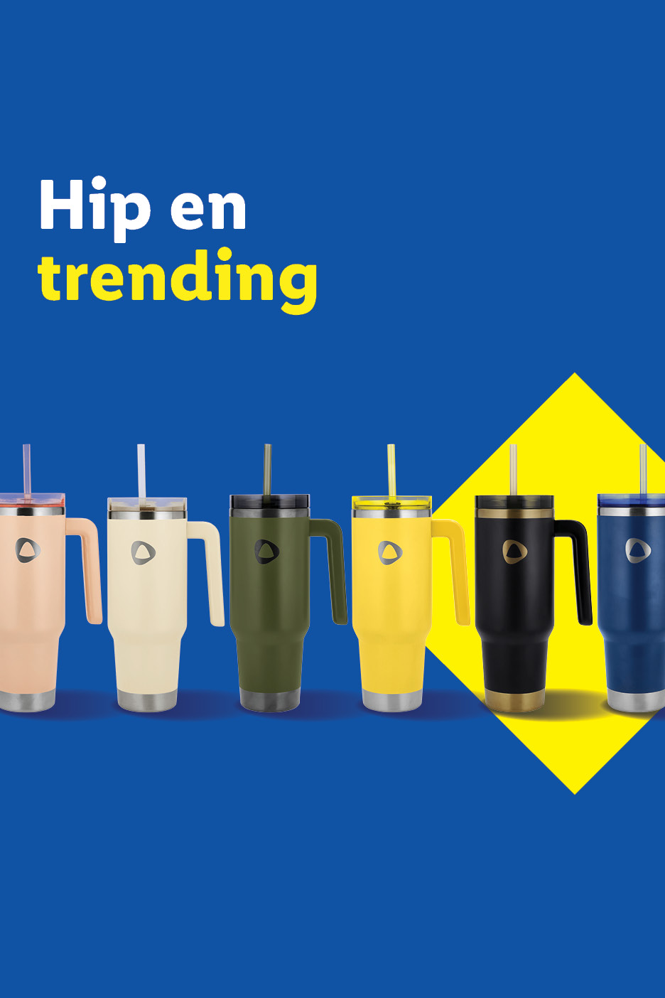 Zes kleurrijke drinkbekers met handvat en rietje onder de tekst 'Hip en trending'.