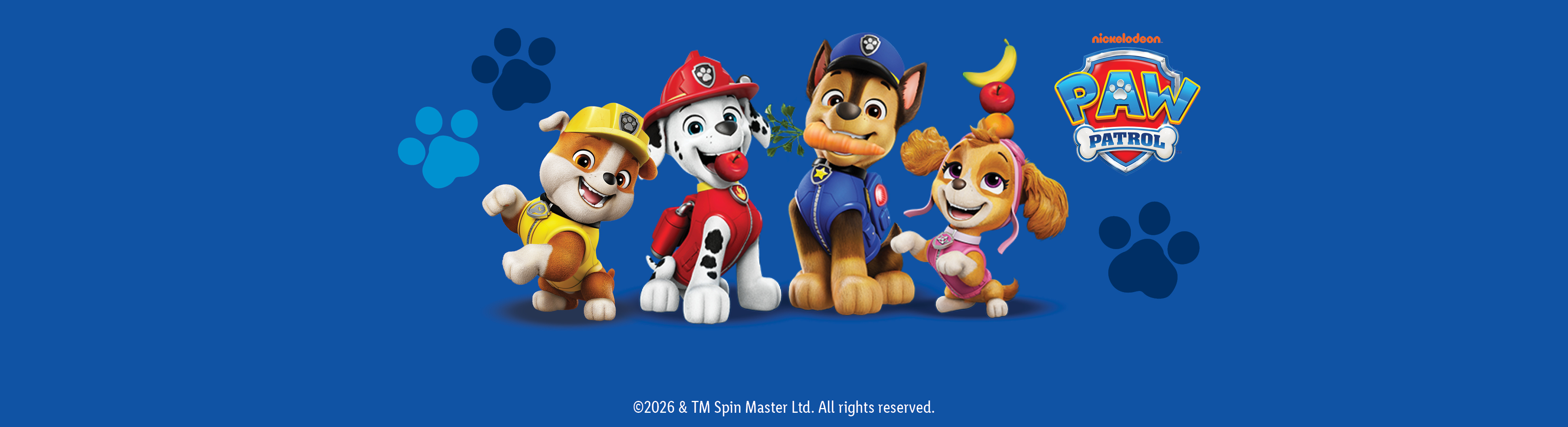 Vier puppy's van de Paw Patrol, waaronder Rubble, Marshall, Chase en Skye, op een blauwe achtergrond.