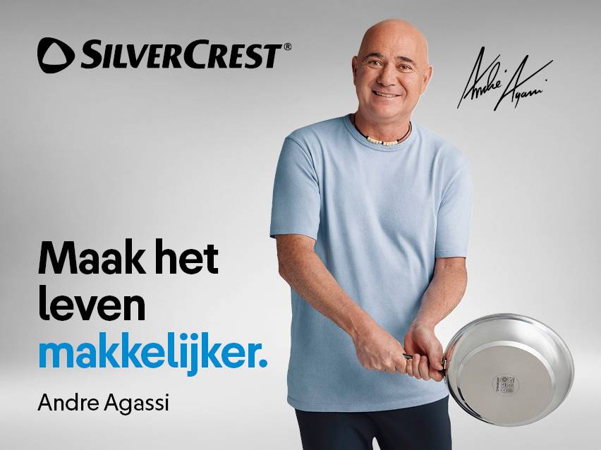 Lachende Andre Agassi met een koekenpan, met de tekst 'Maak het leven makkelijker'.