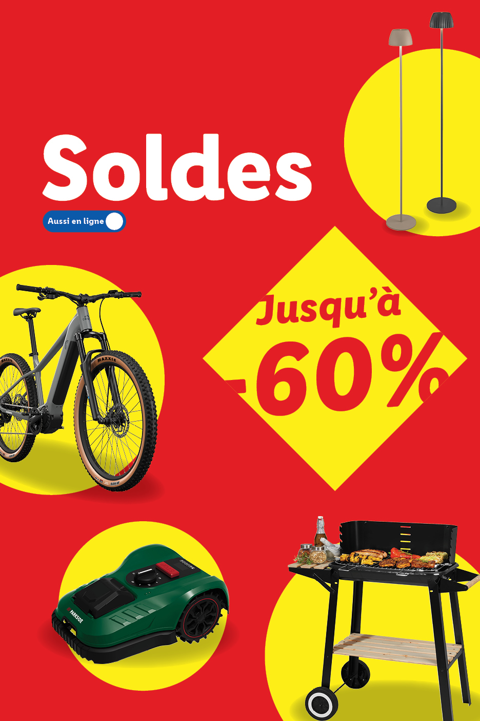 Advertentie voor uitverkoop met een e-bike, robotmaaier, barbecue en staande lampen, met tot 60% korting.