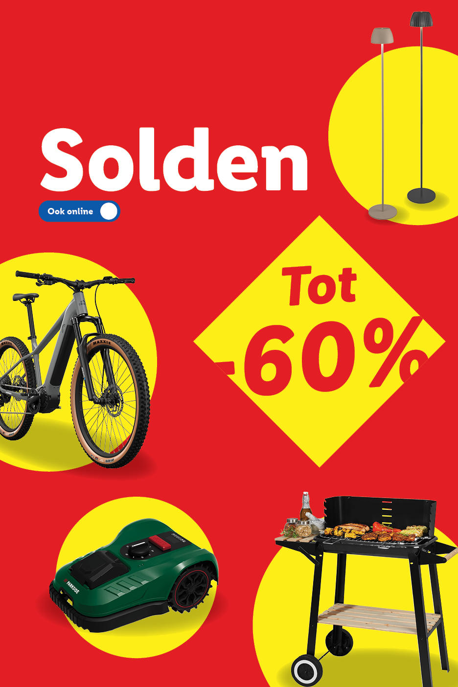 Solden tot -60% op elektrische fietsen, robotmaaiers, barbecues en staande lampen.