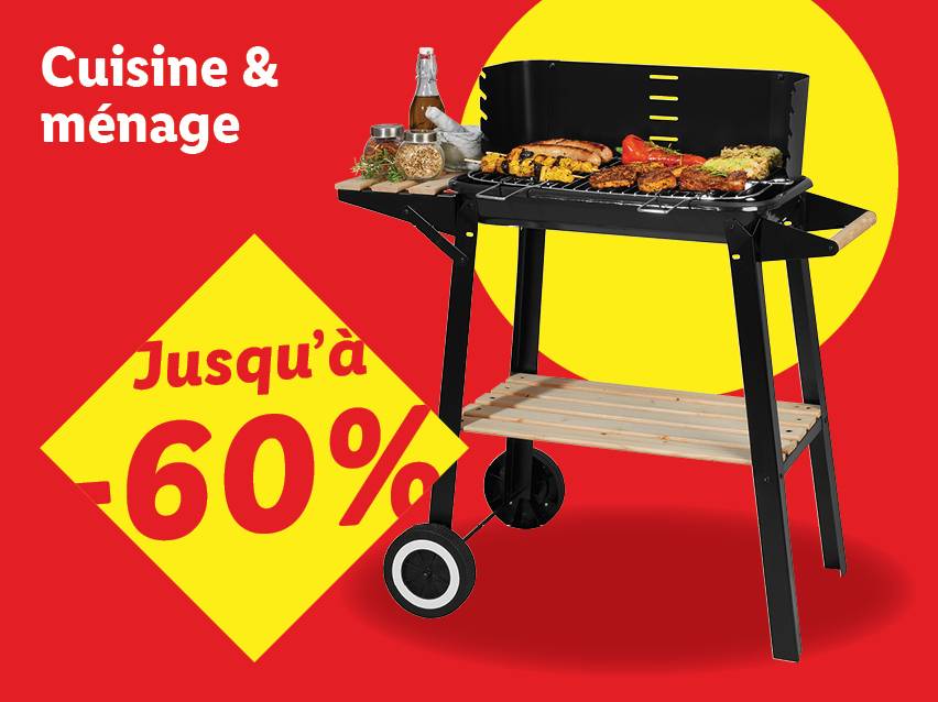 Barbecue avec viandes et légumes grillés, avec le texte 'Cuisine & ménage jusqu'à -60%'.